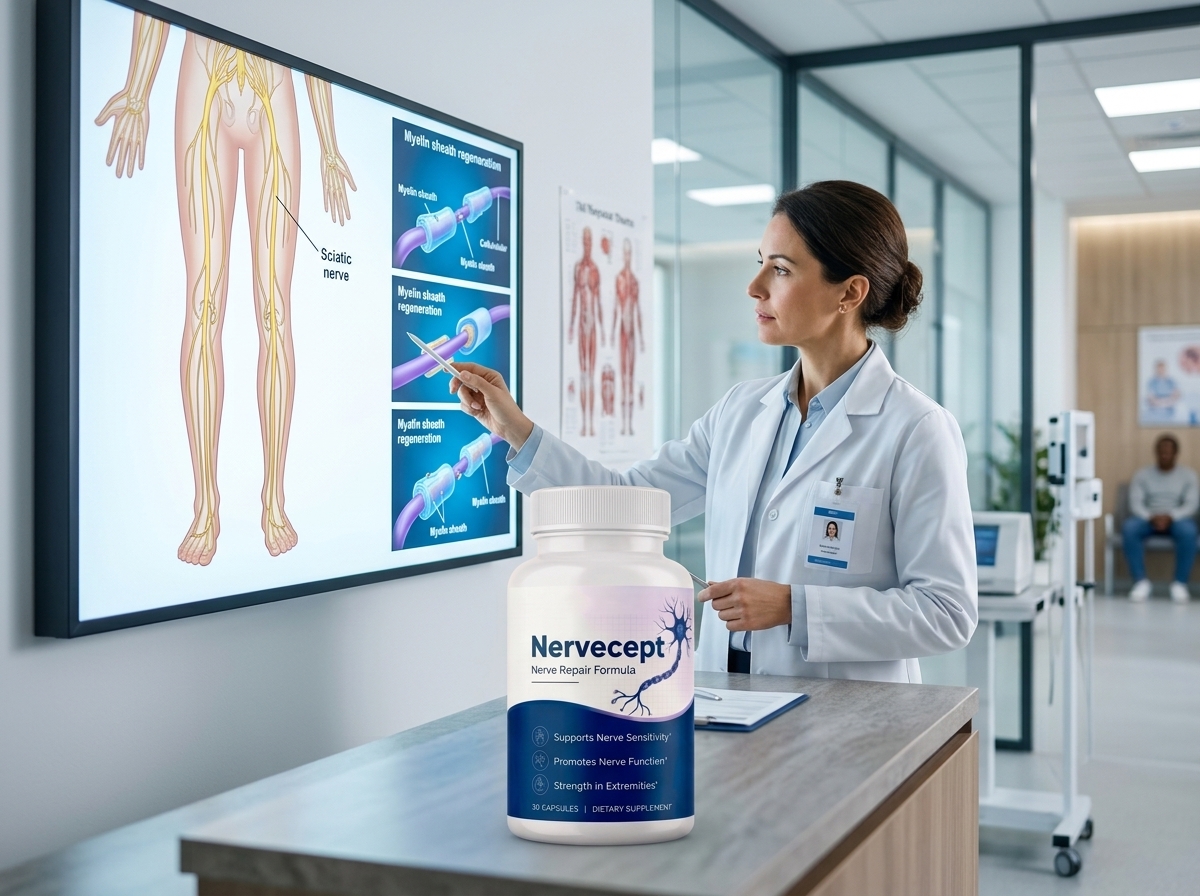 Official Nervecept formula reviewed in clinical neurology setting displaying peripheral nerve pathways and myelin sheath regeneration